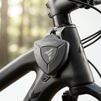 Close-up of a bicycle handlebar with AIRBOLT logo against a blurred forest background