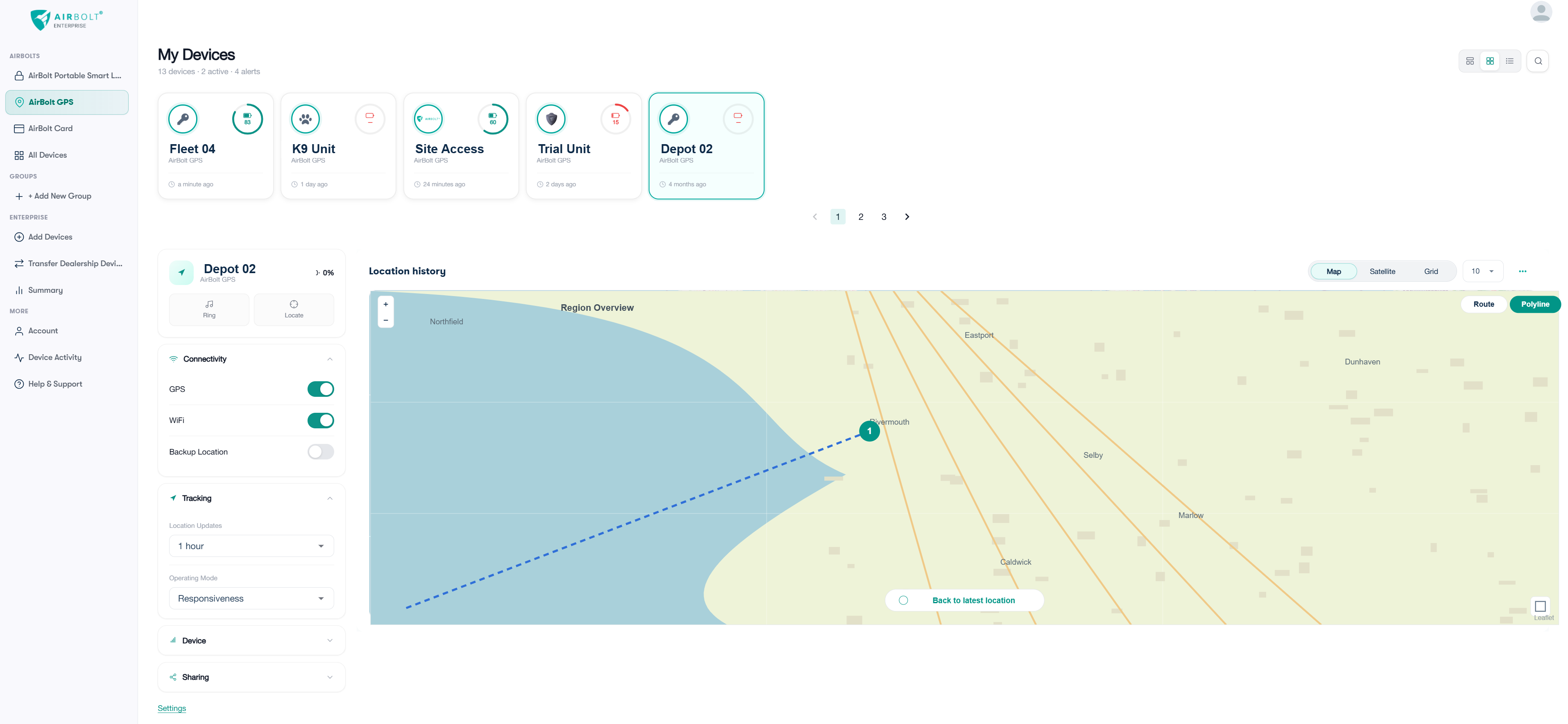 AirBolt Enterprise dashboard — device fleet and map view