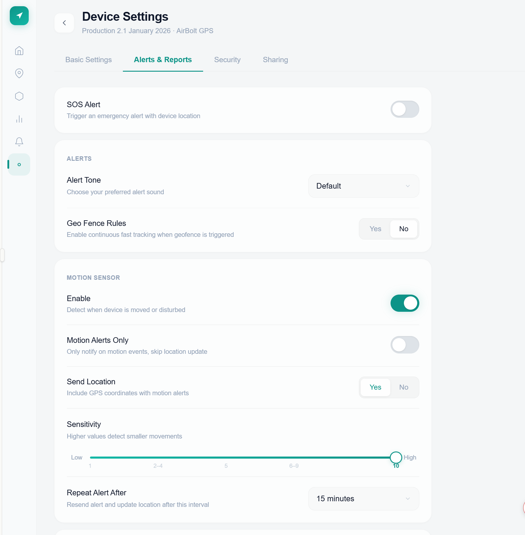 AirBolt device settings — alerts, motion sensor and geofence rules